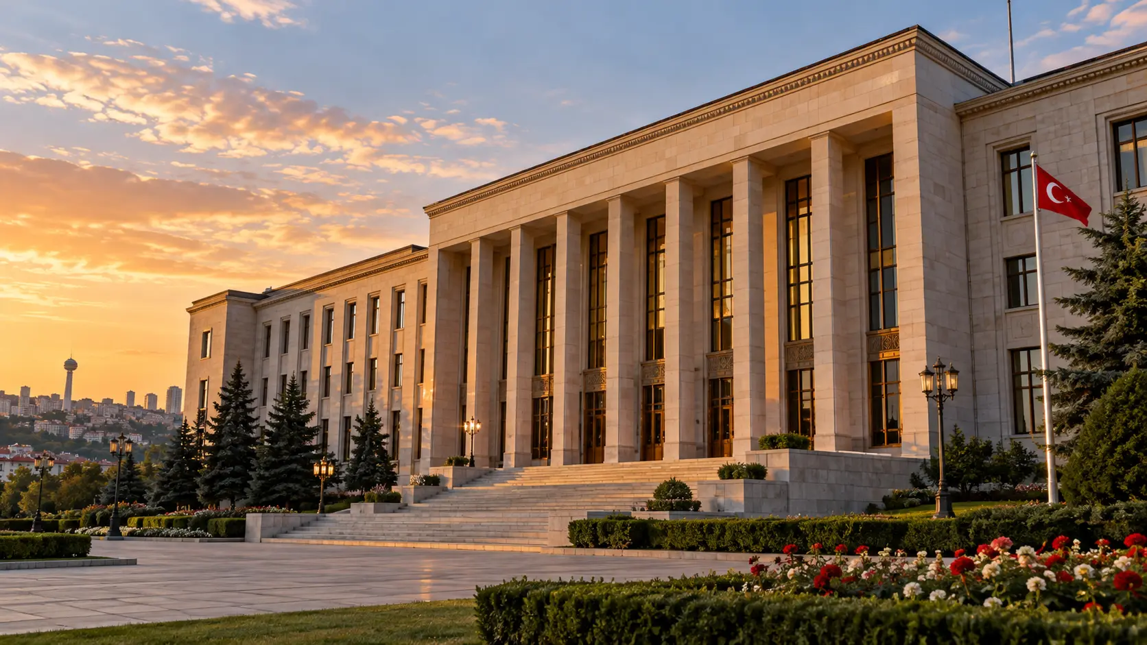 Illustrative stock photograph of a modern public building entrance at blue hour