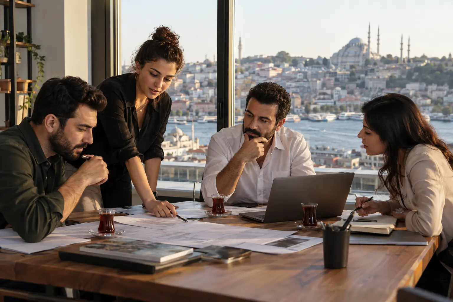 Profesyonelleri bir ekip tartışmasında; açıklayıcı editoryal fotoğrafçılık