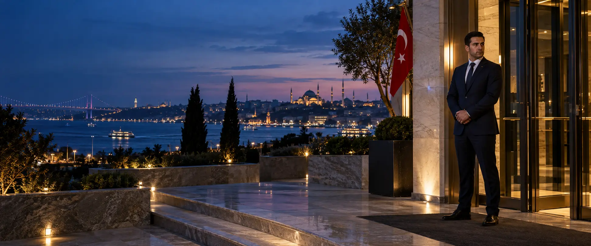 Geceleri modern bir binada görev yapan bir güvenlik görevlisinin açıklayıcı hazır fotoğrafı