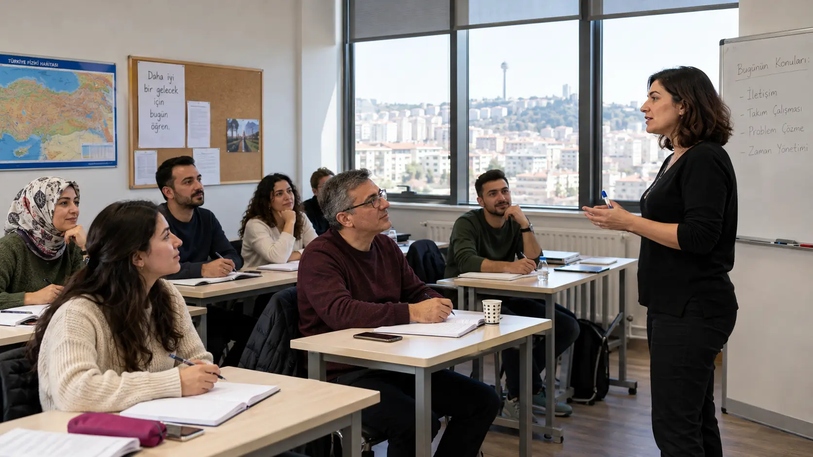 Bir sınıftaki eğitmen ve yetişkin öğrenciler; açıklayıcı hazır fotoğraf